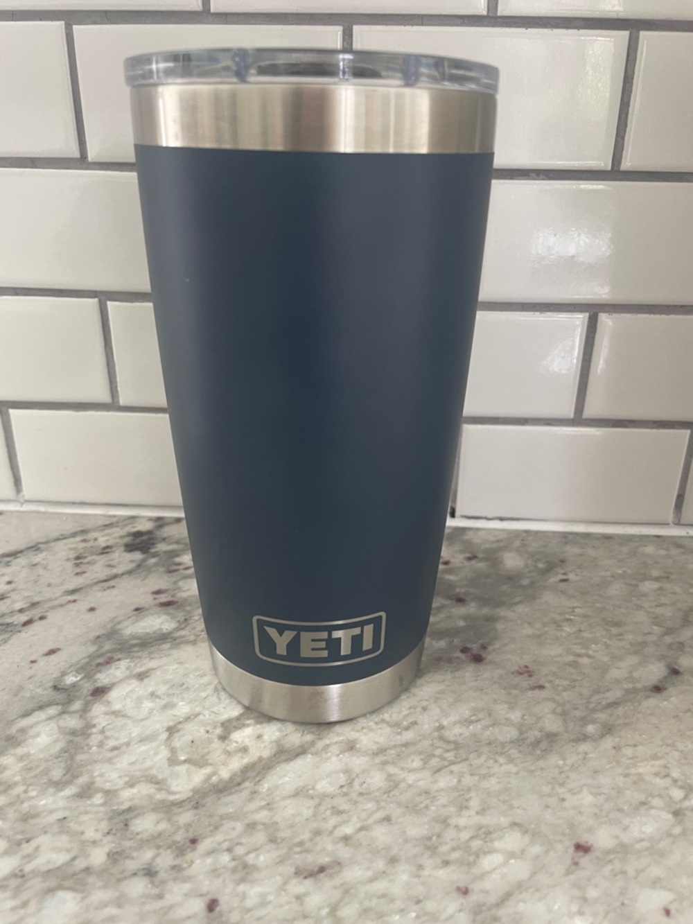 Yeti Navy Blue Insulated Tumbler with Stainless Trim. women of ford on front.